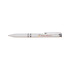 A white pen with a silver clip and accents, featuring a logo.
