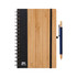 A bamboo notebook with a dark cover and spiral binding, accompanied by a blue pen. Includes a branded logo.