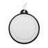 A white and black collapsible bowl with a carabiner attachment. It features a circular design.