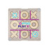 A Noughts & Crosses coaster featuring a wooden grid with X and O pieces, in a clear, plastic frame. Includes branding.