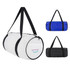 A white, blue, and black duffle bag with a logo and black straps, featuring a zippered closure.