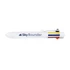A white pen with a coloured grip and clip, featuring a logo on the side.