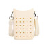 A cream-coloured silicone phone bag with a dotted design and an adjustable strap. It features a logo on the front.