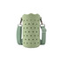 A drink bottle bag in soft green silicone, featuring star cut-outs and a matching strap, with metal clips.
