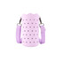 A drink bottle bag in pink silicone with star cut-outs and a lavender strap, featuring clips for attachment.