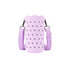A drink bottle bag in lilac with star cut-outs, featuring a purple strap and a logo.