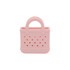 A pink mini EVA bag charm with perforated design and a handle, featuring a small opening at the top.