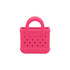 A small pink bag charm with holes and handles, made from EVA material. It features a textured surface and a branding logo.