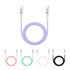 A 100W fast charging cable in purple, alongside pink, white, mint, and black variants. Each cable features USB connectors and a logo.
