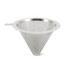 A stainless steel coffee filter in a conical shape, featuring a handle for easy use.