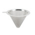 A stainless steel coffee filter in a conical shape, featuring a handle and a fine mesh design.
