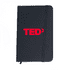 A black notebook with an elastic band closure and a red logo on the front.