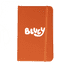 An orange notebook featuring a white logo on the front and an elastic band.