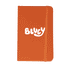 An orange notebook featuring a white logo on the front and an elastic band.