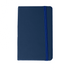 A navy blue A6 notebook with a ribbon band and a logo on the cover.
