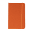 An orange notebook with a textured cover and a matching elastic band. It features branding on the front.