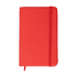 A red A6 notebook with an elastic band closure and a ribbon bookmark. It features a smooth surface.