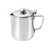 A stainless steel milk frothing pitcher with lid, featuring a sleek, shiny finish and an ergonomic handle.