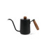 A stainless steel pour-over kettle with a wooden handle and a sleek black finish, featuring a curved spout and a lid.