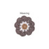 A crochet coaster designed in brown, white, and grey, resembling a flower with textured petals. It features a logo.