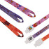 A collection of colourful retractable lanyards featuring various patterns and a logo on the clips.