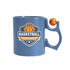 A blue ceramic mug with a basketball-themed design and a custom spinner toy attached to the handle.