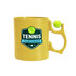 A yellow ceramic mug featuring a tennis-themed design and a custom spinner toy on the handle. It has a logo.