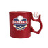 A red ceramic mug with a baseball-themed design and a custom spinner toy attached to the handle.