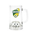 A beer glass featuring a soccer-themed design, with a custom spinner toy inside and a handle.