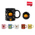 A ceramic coffee mug in black with Halloween designs and a custom spinner toy. Includes colourful mugs in pink, red, yellow, and more.