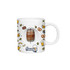 A ceramic coffee mug featuring a barrel design, pale colours, and a brewery-themed pattern. It includes a logo.