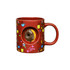 A red ceramic coffee mug decorated with various food graphics and featuring a donut spinner toy in the centre.