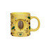 A yellow ceramic coffee mug featuring a coffee bean and coffee-themed decorations, with a logo on the side.