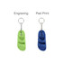 A green and a blue slide-shaped keyring with a metal keychain, featuring a logo on each.