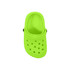 A bright green clog shoe charm featuring ventilation holes and a strap across the top.
