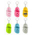 A keyring featuring mini clog shoes in pink, yellow, green, blue, and grey, with a logo on one.