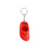 A red clog shoe keyring with a silver metal chain and a keyring attachment.