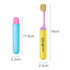 A foldable soft bristle toothbrush in yellow and purple, with a protective blue case featuring a logo.