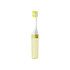 A yellow and white foldable toothbrush in a matching yellow case, featuring a logo on the case.