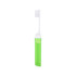 A transparent foldable handle toothbrush with a green case and white bristles. It includes a logo on the case.