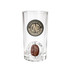 A glass cup with a circular spinner toy feature, displaying a coffee bean and a logo. Clear with a sleek design.