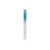 A crystal glass nail file with a blue gradient handle and a transparent filing surface.