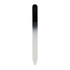 A gradient glass nail file in black and white, featuring a sleek, tapered design. It includes a branding logo.