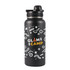 A black drink bottle with a design featuring swirling patterns and a logo. It has a secure screw-top lid.