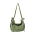 A green convertible backpack duffel bag with a textured pattern and adjustable strap. It features a logo.