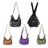Five convertible lightweight backpack duffel bags in brown, black, purple, and green with various straps and a logo.
