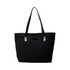 A black suede leather tote bag with long black handles and a simple design, featuring a logo.