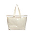 A tote bag with a detachable clear PVC cover, featuring cream handles and a beige interior.