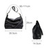 A black polyurethane tote bag with a shoulder strap, featuring a logo and dimensions displayed alongside.
