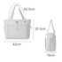 A lightweight white tennis tote bag with adjustable straps, featuring multiple compartments and a logo. Dimensions included.
